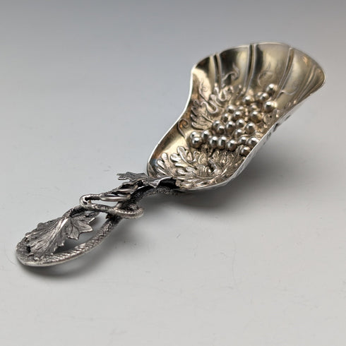 1880 British Antique Sterling Silver Tea Caddy Spoon with Grape Decoration